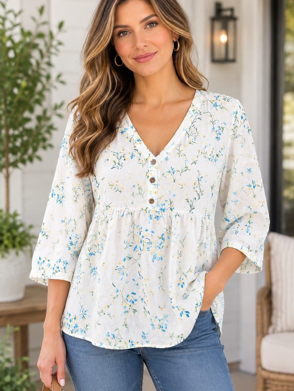 OUFISUN V-neck 2XL blouse blue yellow floral print gathered waist 3/4 Sleeves